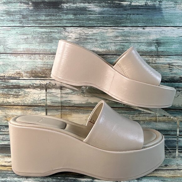 VINCE. Polina Platform Slide Sandal Womens Sz 6M Beige All Leather Slip On Wedge - Picture 1 of 12